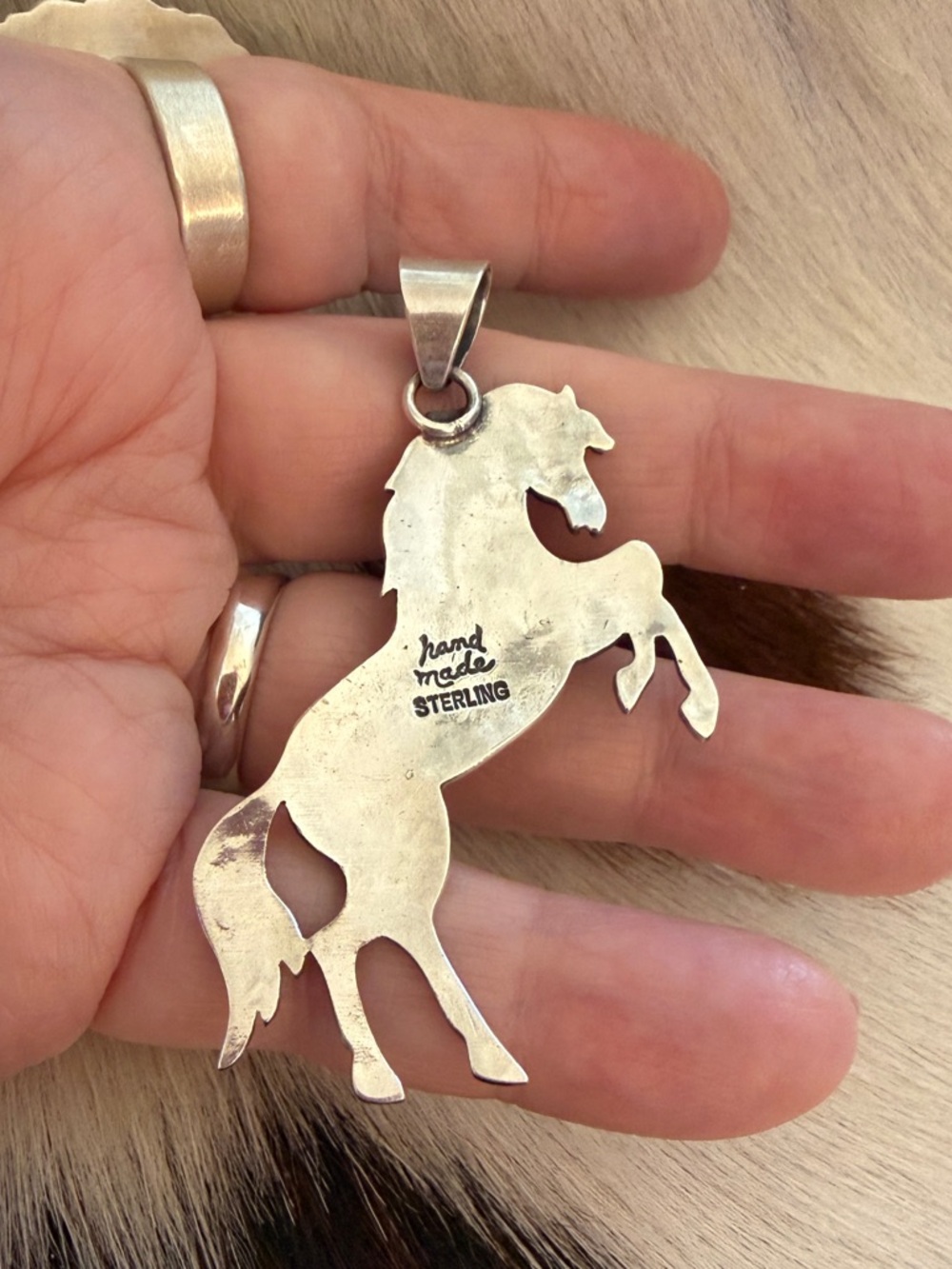 ❤️ Queen Pink Conch Sterling Hand Stamped Statement Rearing Horse Pendant 2.51”L - Picture 7 of 13